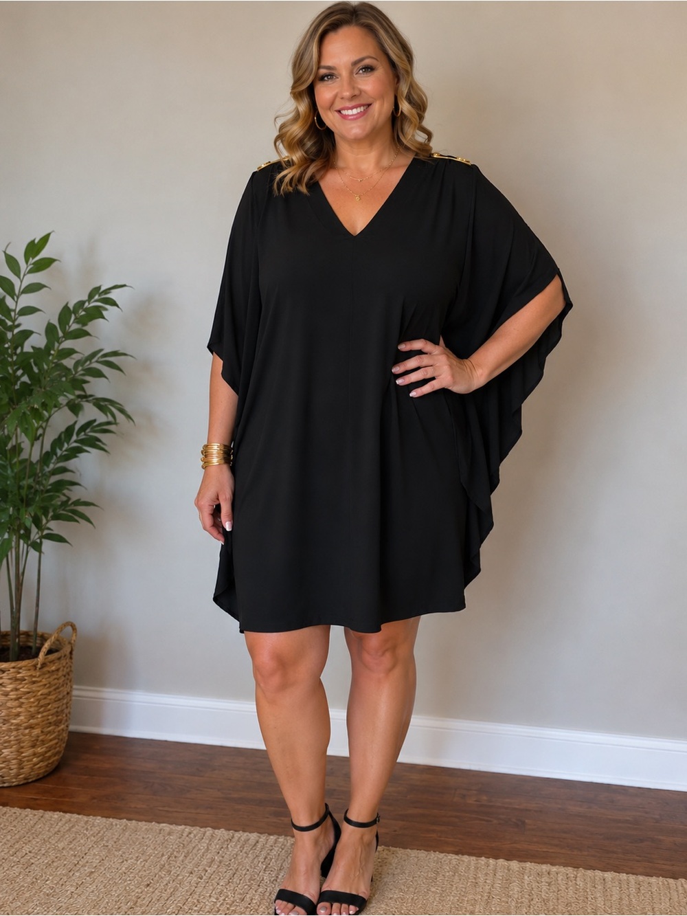 Trina Turk Black Dress with Loop-Trim Neckline